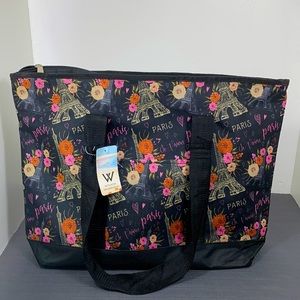 Wisdom Large Tote Black Eiffel Tower  Paris Pink Orange Flowers NWT
